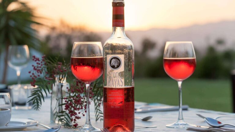 Wijnen uit Almería: een fles en twee glazen roséwijn op een dinertafel bij zonsondergang