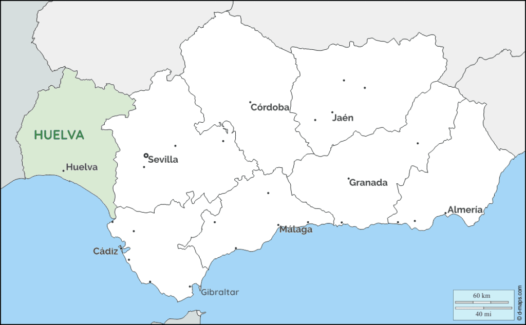 Map of Andalusia - Province of Huelva highlighted